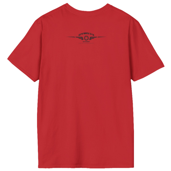 A red Gymstar t-shirt with a graphic print Allwinner in the center, designed for fitness and sports. rare logo close up view.