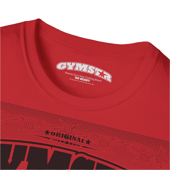 A red Gymstar t-shirt with a graphic print Allwinner in the center, designed for fitness and sports. Front logo close up view.
