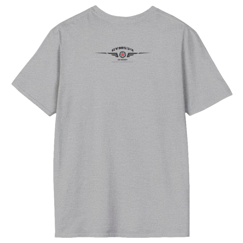 A silver grey Gymstar t-shirt with a graphic print Allwinner in the center, designed for fitness and sports. Rare  view.