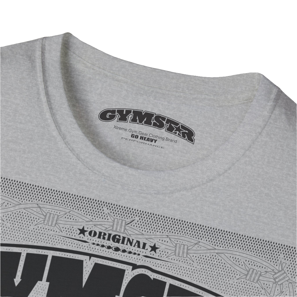 A silver grey Gymstar t-shirt with a graphic print Allwinner in the center, designed for fitness and sports. Front  logo close up view.