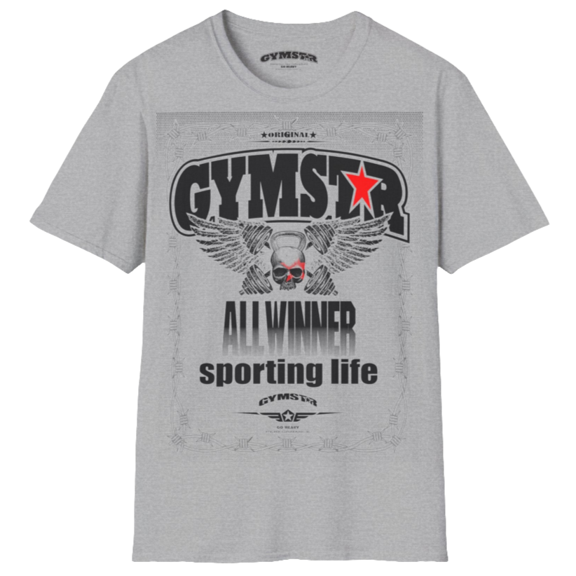 A silver grey Gymstar t-shirt with a graphic print Allwinner in the center, designed for fitness and sports. Front  view.