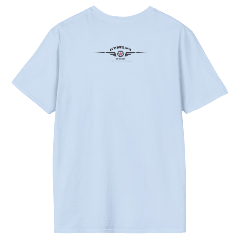 A light blue Gymstar t-shirt with a graphic print Allwinner in the center, designed for fitness and sports. Rare logo close up view.