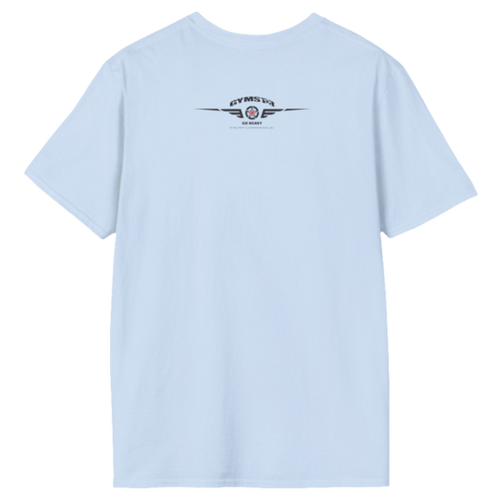 A light blue Gymstar t-shirt with a graphic print Allwinner in the center, designed for fitness and sports. Rare logo close up view.