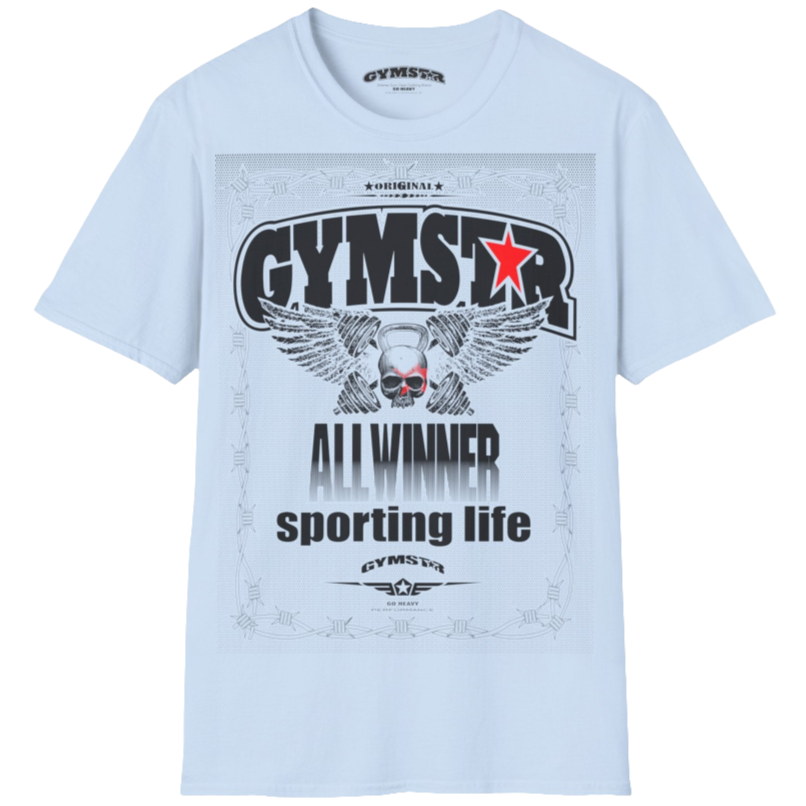A light blue Gymstar t-shirt with a graphic print Allwinner in the center, designed for fitness and sports. Front  view.