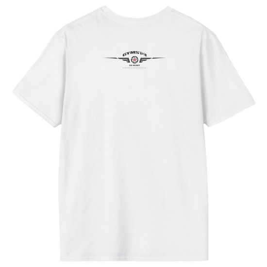 A white Gymstar t-shirt with a graphic print Allwinner in the center, designed for fitness and sports. Rare  logo close up view.