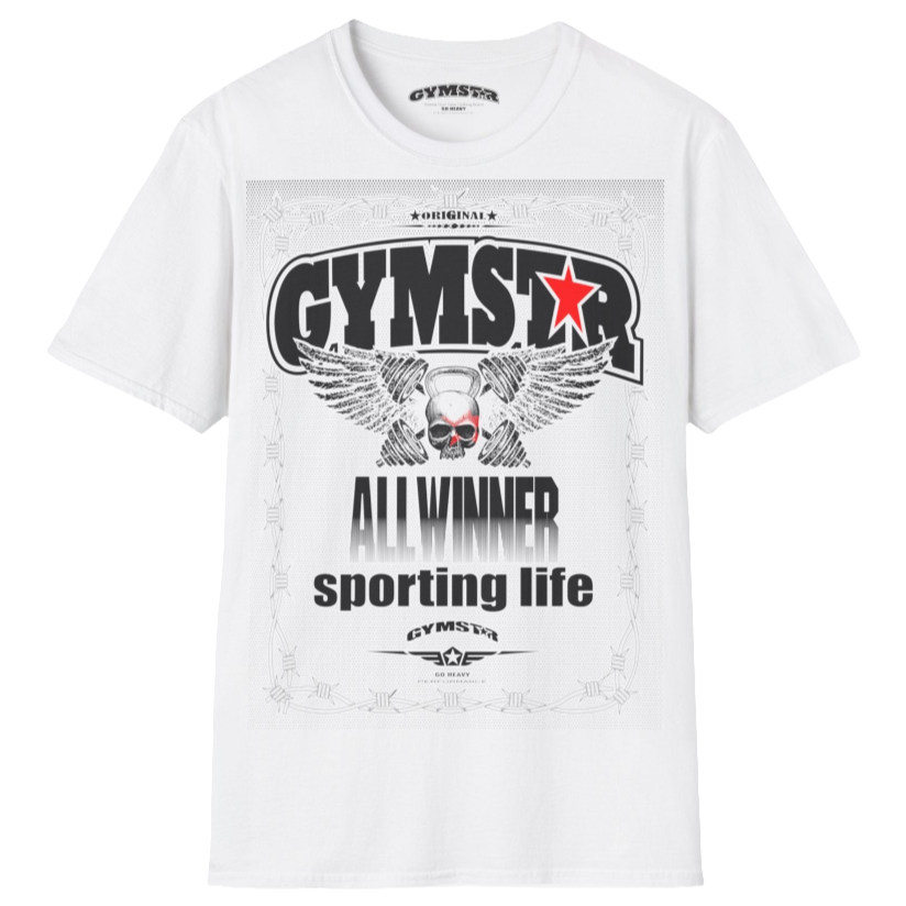 A white Gymstar t-shirt with a graphic print Allwinner in the center, designed for fitness and sports. Front  view.