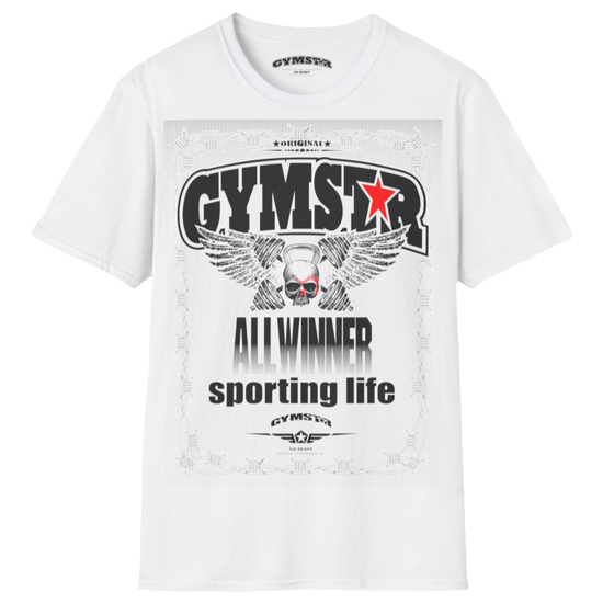A white Gymstar t-shirt with a graphic print Allwinner in the center, designed for fitness and sports. Front  view.