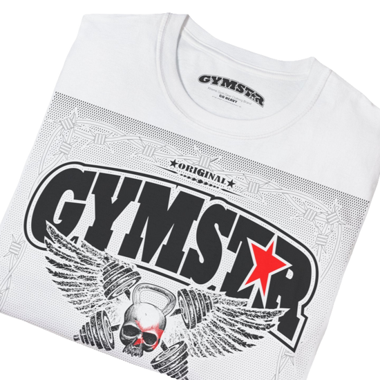 A white Gymstar t-shirt with a graphic print Allwinner in the center, designed for fitness and sports. Front  close up view.