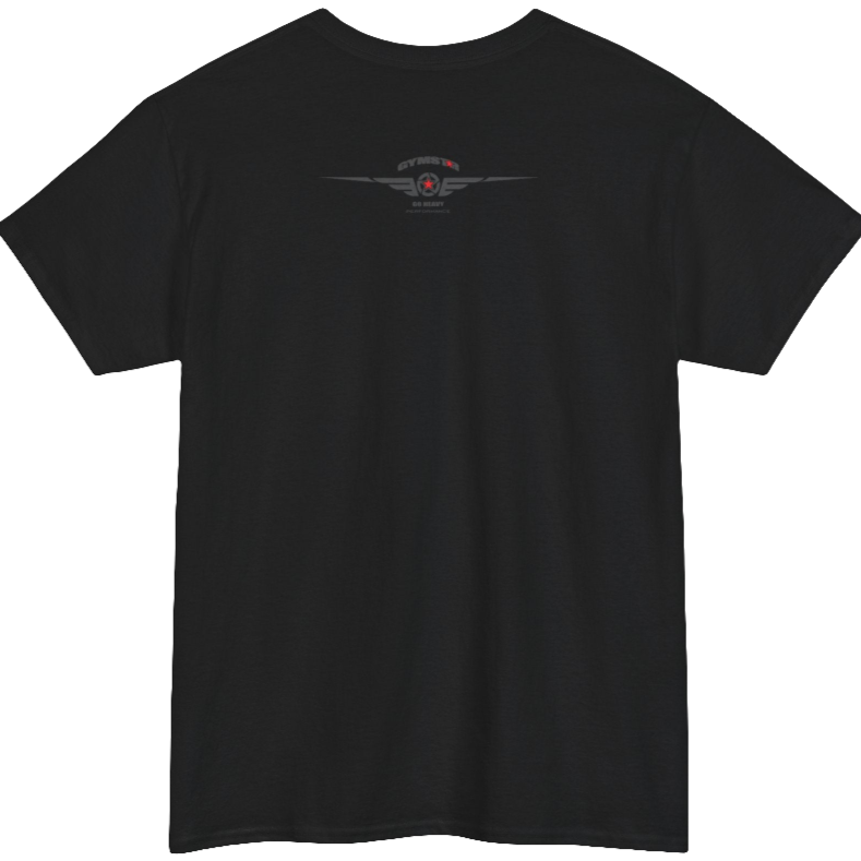 A black Gymstar t-shirt with the text 'GYM' printed on the front, along with graphics of a weightlifter and dumbbells. Rear view.