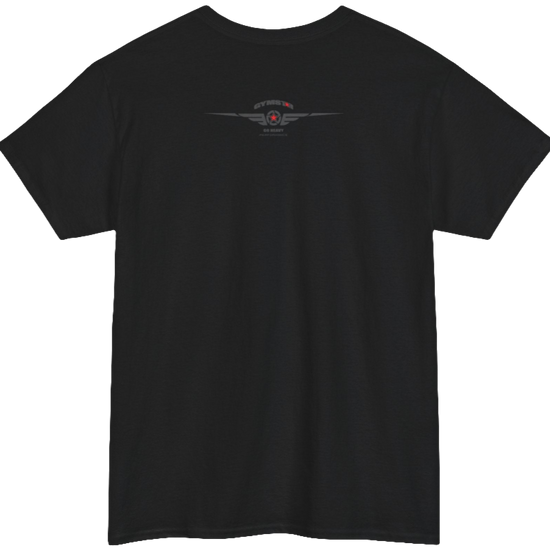 A black Gymstar t-shirt with the text 'GYM' printed on the front, along with graphics of a weightlifter and dumbbells. Rear view.