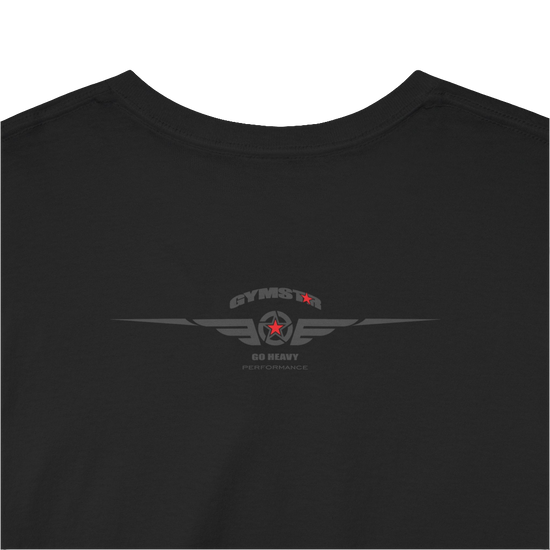 A black Gymstar t-shirt with the text 'GYM' printed on the front, along with graphics of a weightlifter and dumbbells. Rear close up view.