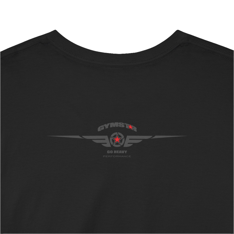 A black Gymstar t-shirt with the text 'GYM' printed on the front, along with graphics of a weightlifter and dumbbells. Rear close up view.