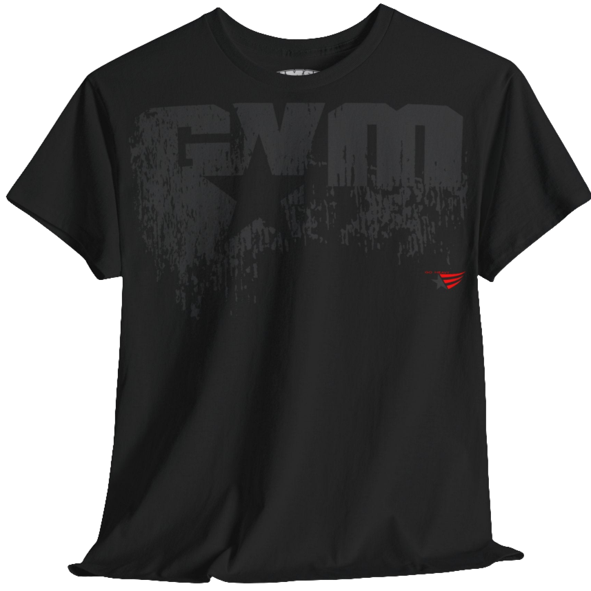 A black Gymstar t-shirt with the text 'GYM' printed on the front, along with graphics of a weightlifter and dumbbells. front view.