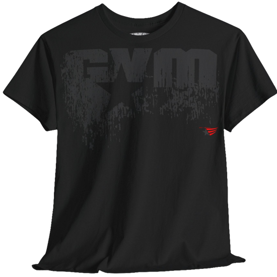 A black Gymstar t-shirt with the text 'GYM' printed on the front, along with graphics of a weightlifter and dumbbells. front view.