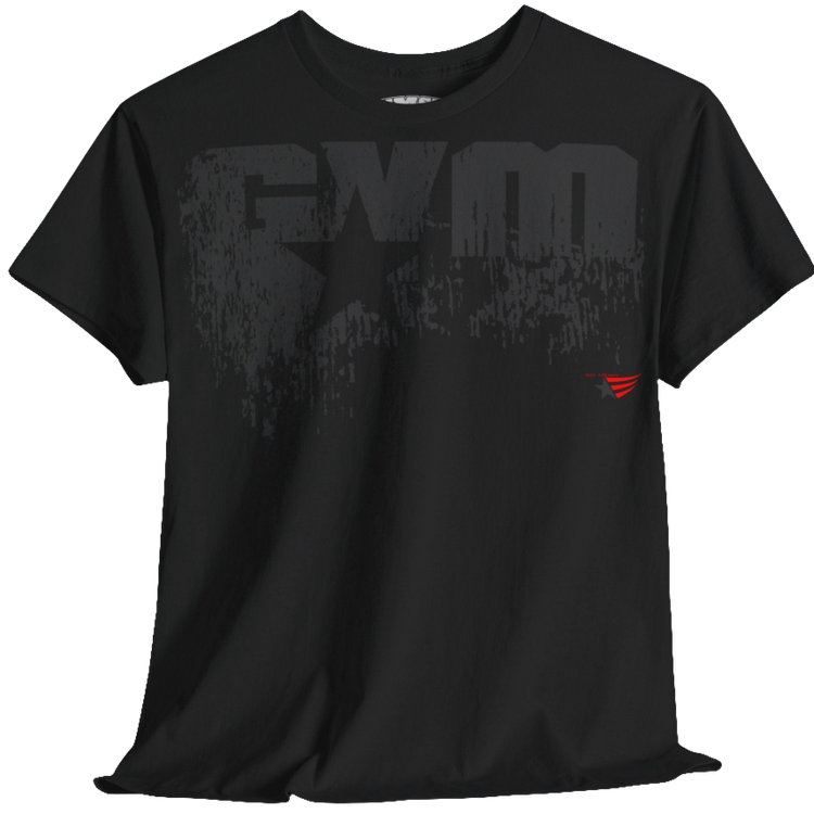 A black Gymstar t-shirt with the text 'GYM' printed on the front, along with graphics of a weightlifter and dumbbells. front view.