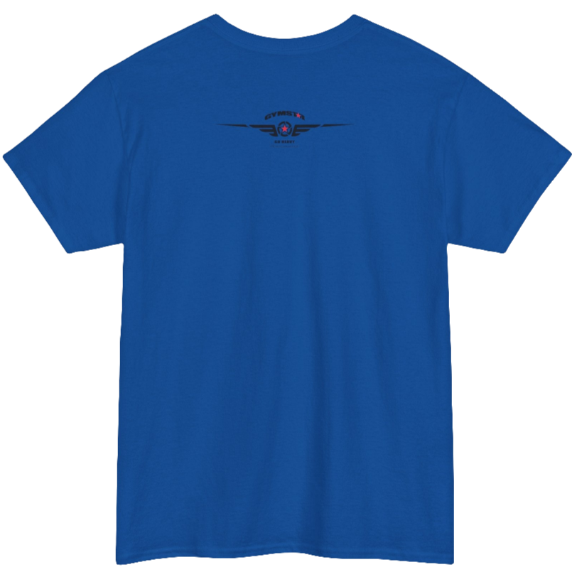 A blue Gymstar t-shirt with the text 'GYM' printed on the front, along with graphics of a weightlifter and dumbbells. Rear view.