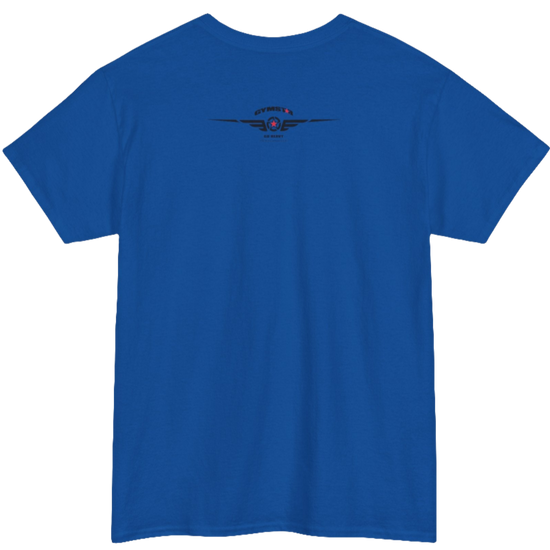 A blue Gymstar t-shirt with the text 'GYM' printed on the front, along with graphics of a weightlifter and dumbbells. Rear view.