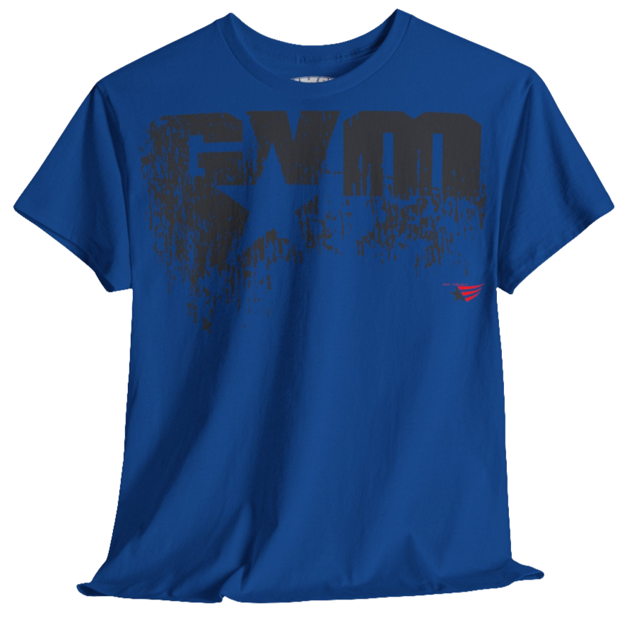 A blue Gymstar t-shirt with the text 'GYM' printed on the front, along with graphics of a weightlifter and dumbbells. front view.