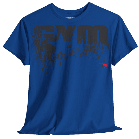 A blue Gymstar t-shirt with the text 'GYM' printed on the front, along with graphics of a weightlifter and dumbbells. front view.