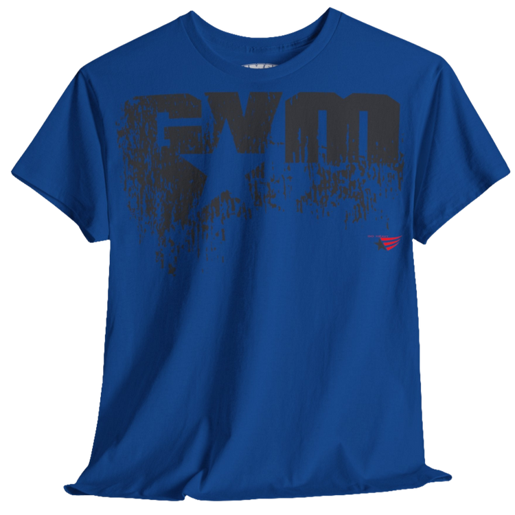 A blue Gymstar t-shirt with the text 'GYM' printed on the front, along with graphics of a weightlifter and dumbbells. front view.