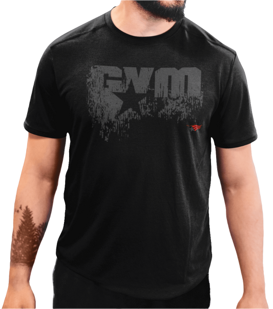 A male model wearing a black Gymstar training-shirt with a graphic design GYM in the  center.