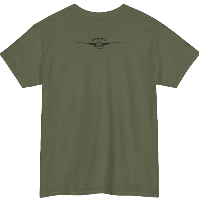 A military green Gymstar t-shirt with the text 'GYM' printed on the front, along with graphics of a weightlifter and dumbbells. Rare view.