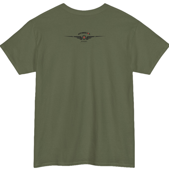 A military green Gymstar t-shirt with the text 'GYM' printed on the front, along with graphics of a weightlifter and dumbbells. Rare view.