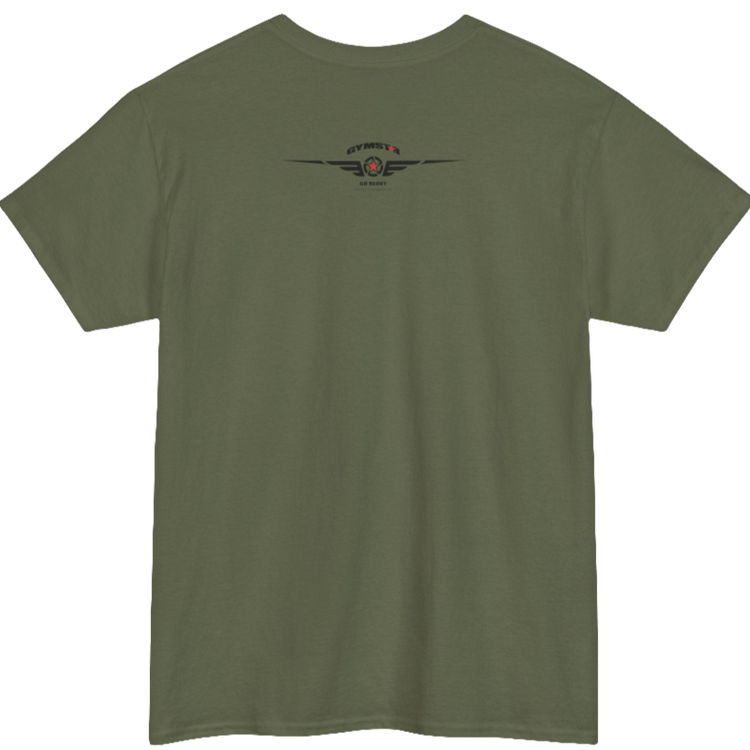 A military green Gymstar t-shirt with the text 'GYM' printed on the front, along with graphics of a weightlifter and dumbbells. Rare view.