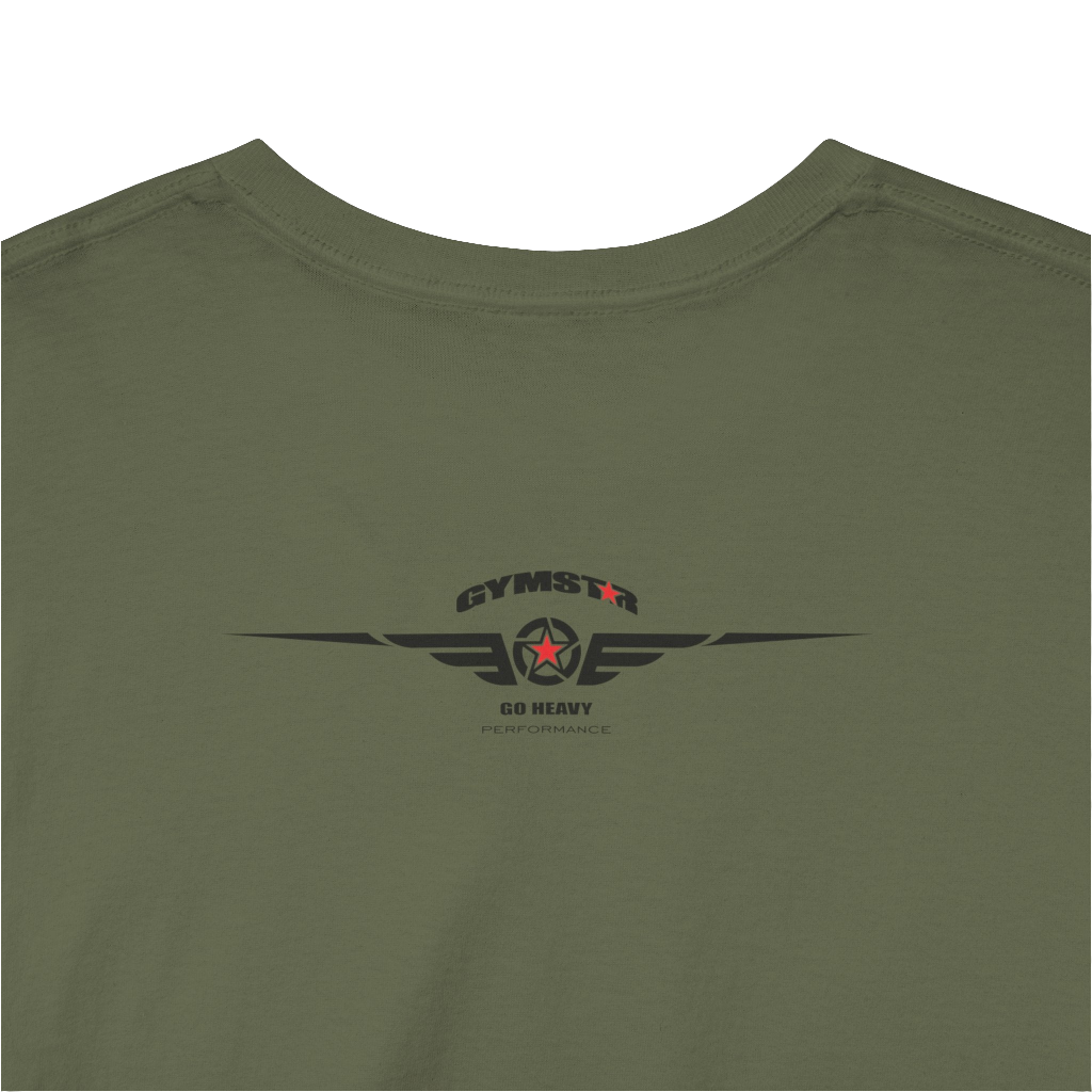 A military green Gymstar t-shirt with the text 'GYM' printed on the front, along with graphics of a weightlifter and dumbbells. Close up rare view.