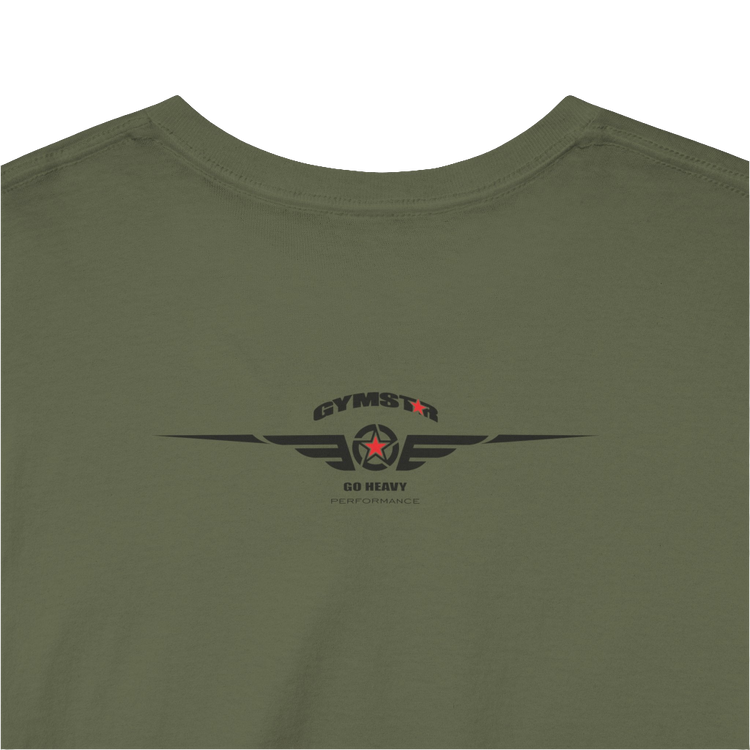 A military green Gymstar t-shirt with the text 'GYM' printed on the front, along with graphics of a weightlifter and dumbbells. Close up rare view.