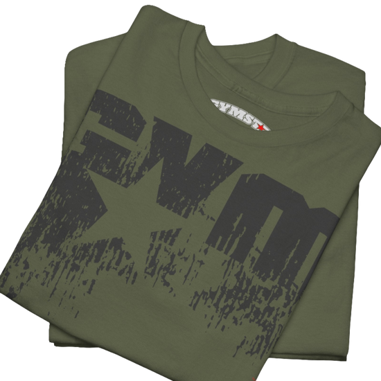 A military green Gymstar t-shirt with the text 'GYM' printed on the front, along with graphics of a weightlifter and dumbbells. Close up view.