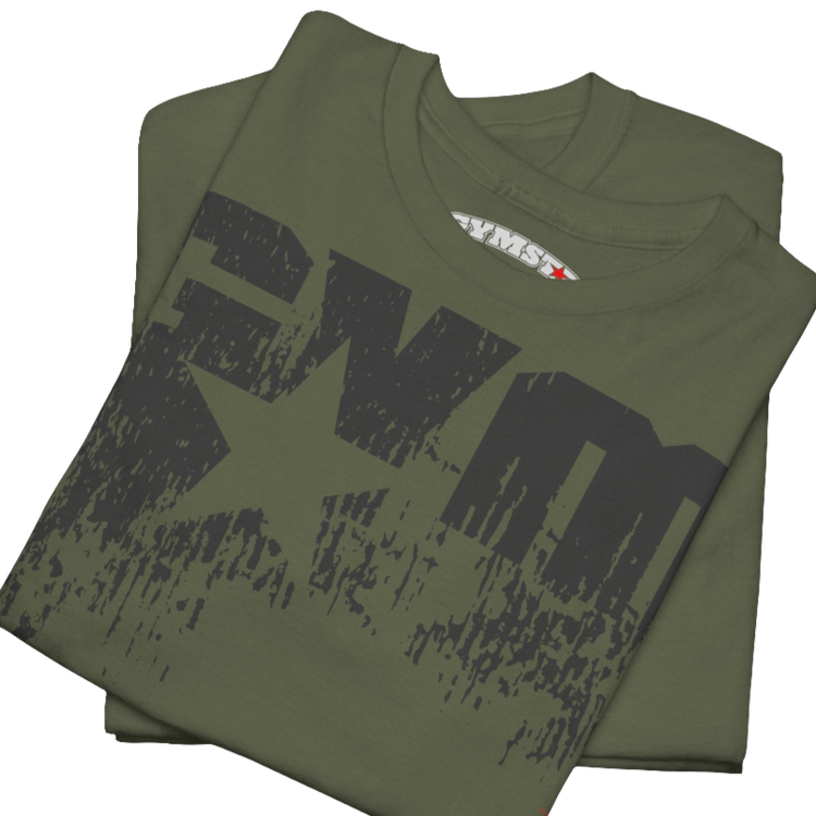 A military green Gymstar t-shirt with the text 'GYM' printed on the front, along with graphics of a weightlifter and dumbbells. Close up view.