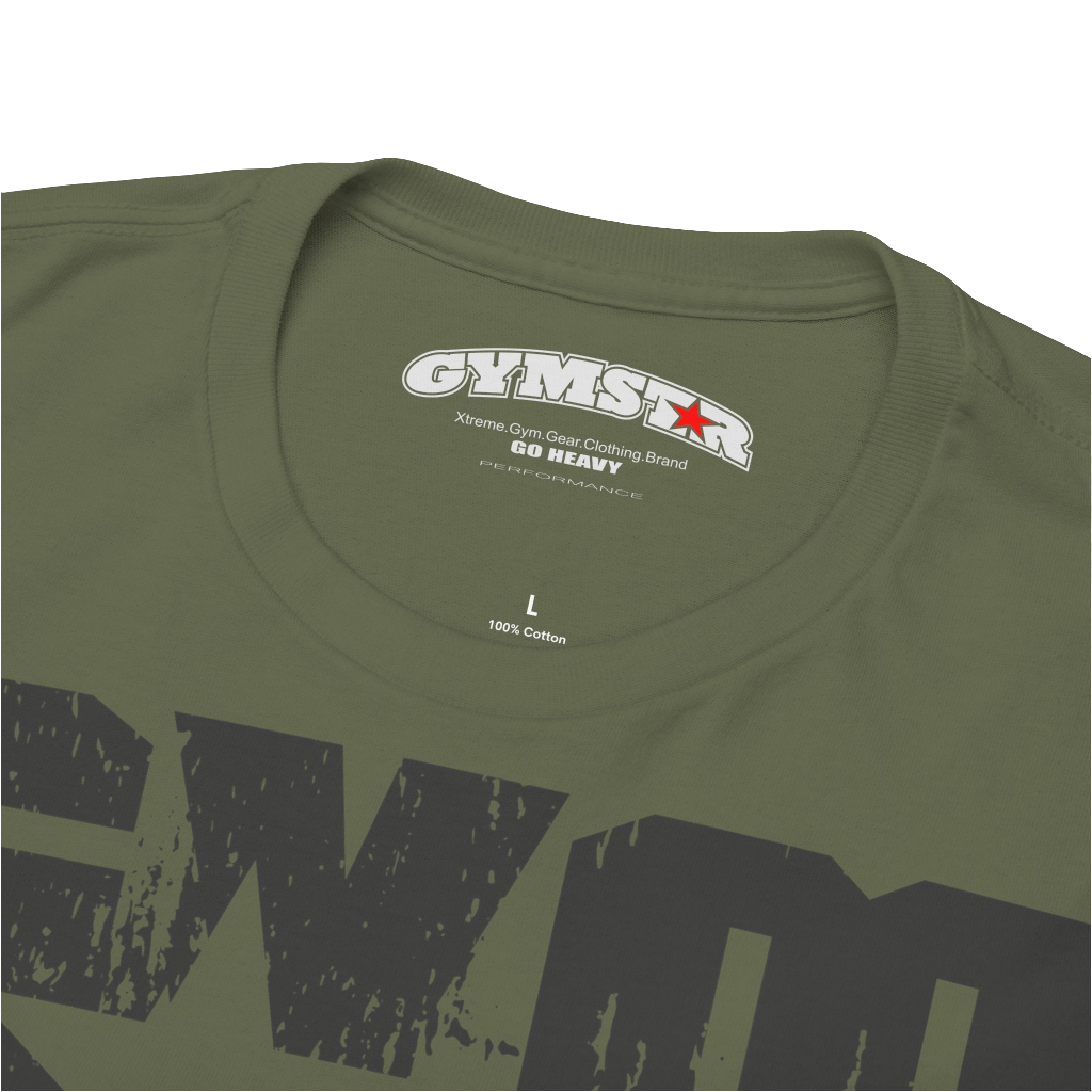 A military green Gymstar t-shirt with the text 'GYM' printed on the front, along with graphics of a weightlifter and dumbbells. Close up front view.