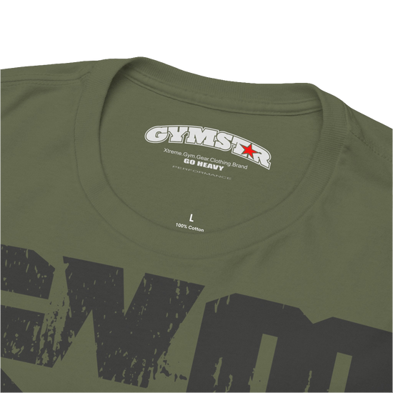 A military green Gymstar t-shirt with the text 'GYM' printed on the front, along with graphics of a weightlifter and dumbbells. Close up front view.