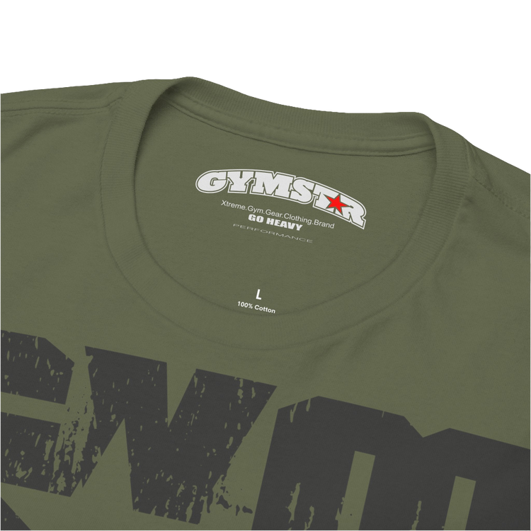 A military green Gymstar t-shirt with the text 'GYM' printed on the front, along with graphics of a weightlifter and dumbbells. Close up front view.