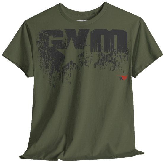 A military green Gymstar t-shirt with the text 'GYM' printed on the front, along with graphics of a weightlifter and dumbbells. front view.