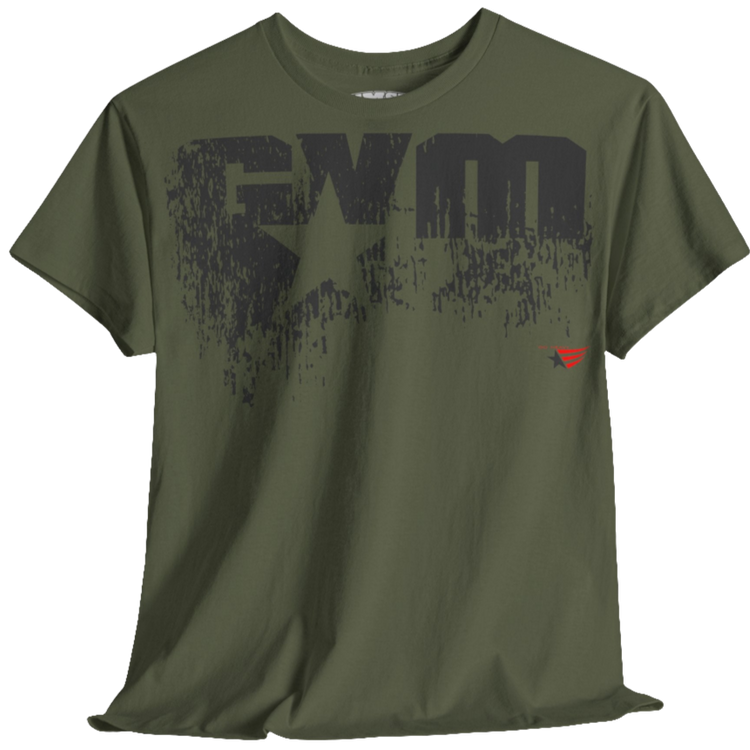 A military green Gymstar t-shirt with the text 'GYM' printed on the front, along with graphics of a weightlifter and dumbbells. front view.