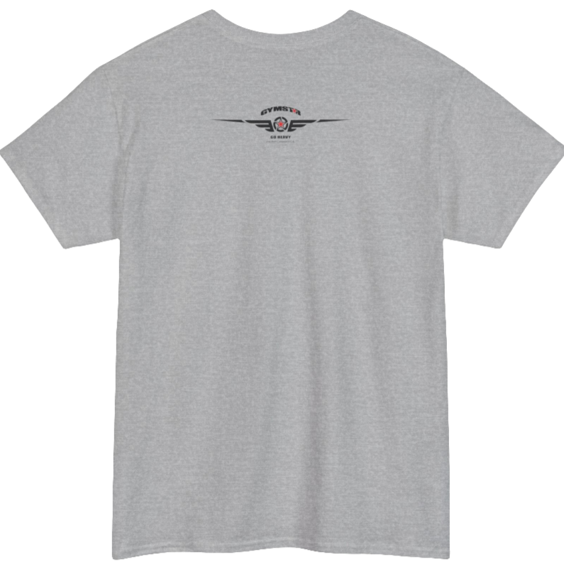 A silver grey Gymstar t-shirt with the text 'GYM' printed on the front, along with graphics of a weightlifter and dumbbells. Rear view.
