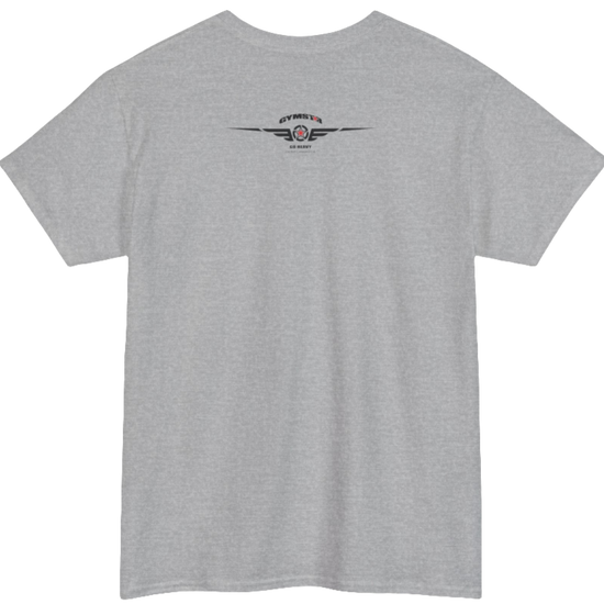 A silver grey Gymstar t-shirt with the text 'GYM' printed on the front, along with graphics of a weightlifter and dumbbells. Rear view.