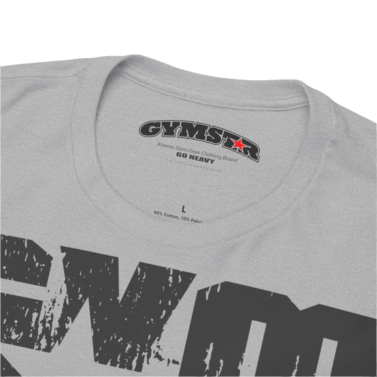 A silver grey Gymstar t-shirt with the text 'GYM' printed on the front, along with graphics of a weightlifter and dumbbells. Close up.