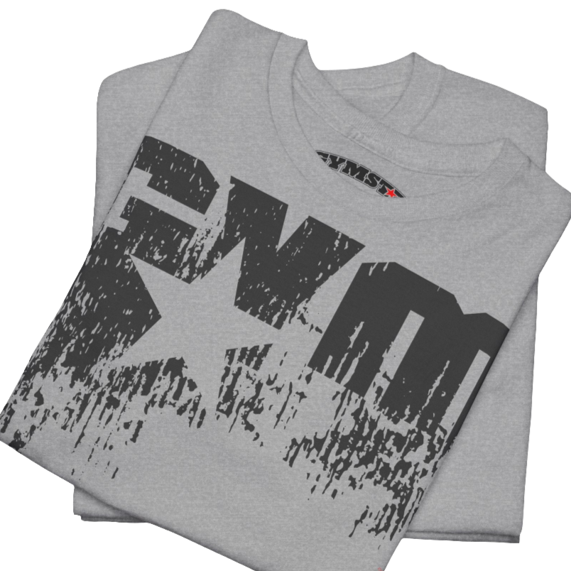 A silver grey Gymstar t-shirt with the text 'GYM' printed on the front, along with graphics of a weightlifter and dumbbells. Close up front view.