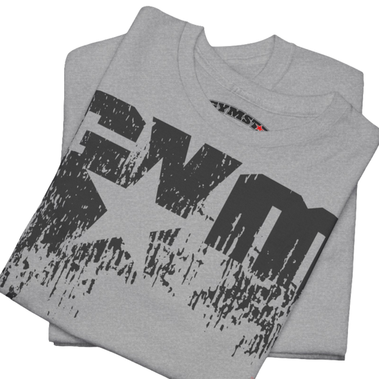 A silver grey Gymstar t-shirt with the text 'GYM' printed on the front, along with graphics of a weightlifter and dumbbells. Close up front view.