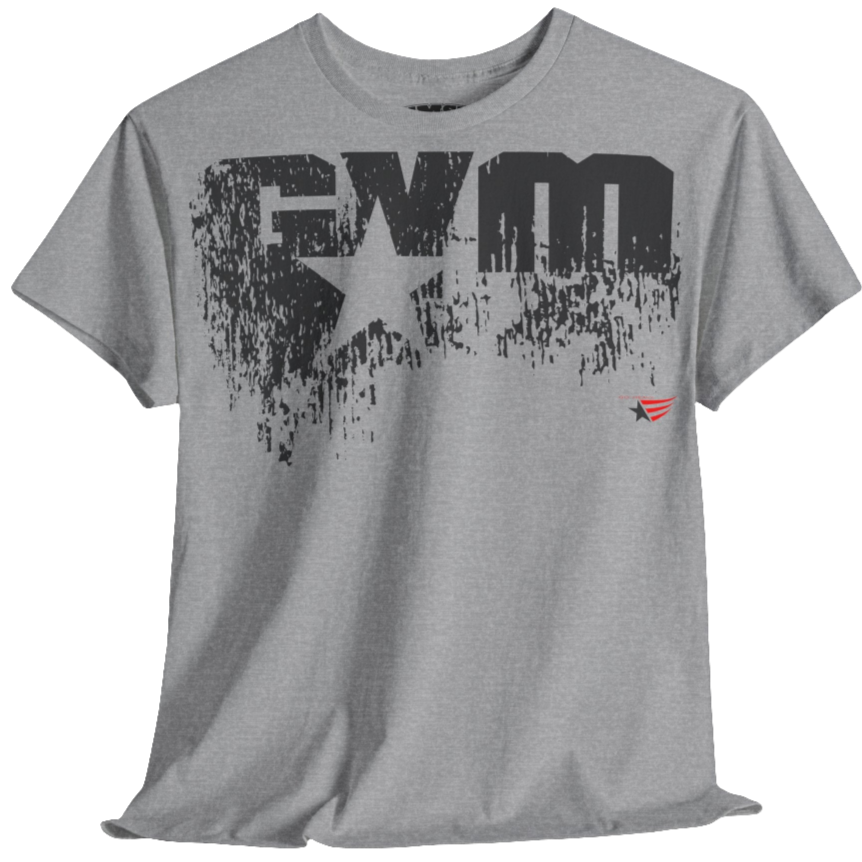 A silver grey Gymstar t-shirt with the text 'GYM' printed on the front, along with graphics of a weightlifter and dumbbells. front view.