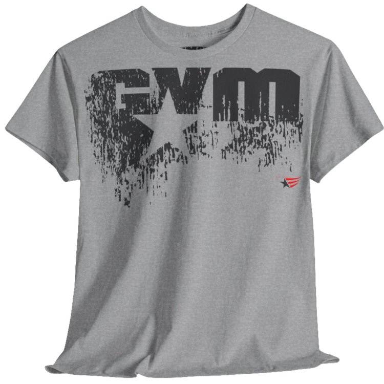 A silver grey Gymstar t-shirt with the text 'GYM' printed on the front, along with graphics of a weightlifter and dumbbells. front view.