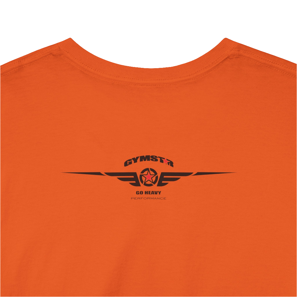 A orange Gymstar t-shirt with the text 'GYM' printed on the front, along with graphics of a weightlifter and dumbbells. Close up rear view.