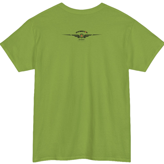 A kiwi Gymstar t-shirt with the text 'GYM' printed on the front, along with graphics of a weightlifter and dumbbells. Rear view.