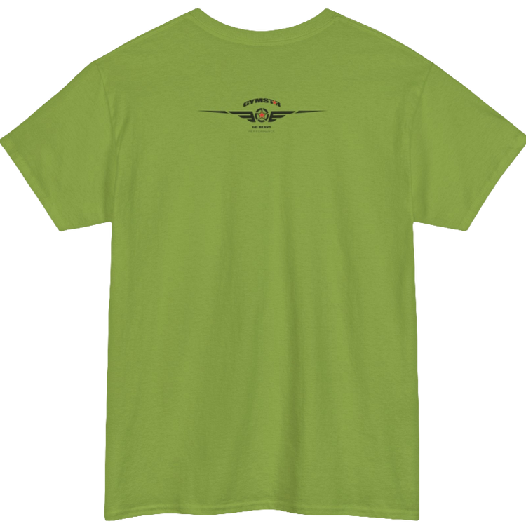 A kiwi Gymstar t-shirt with the text 'GYM' printed on the front, along with graphics of a weightlifter and dumbbells. Rear view.