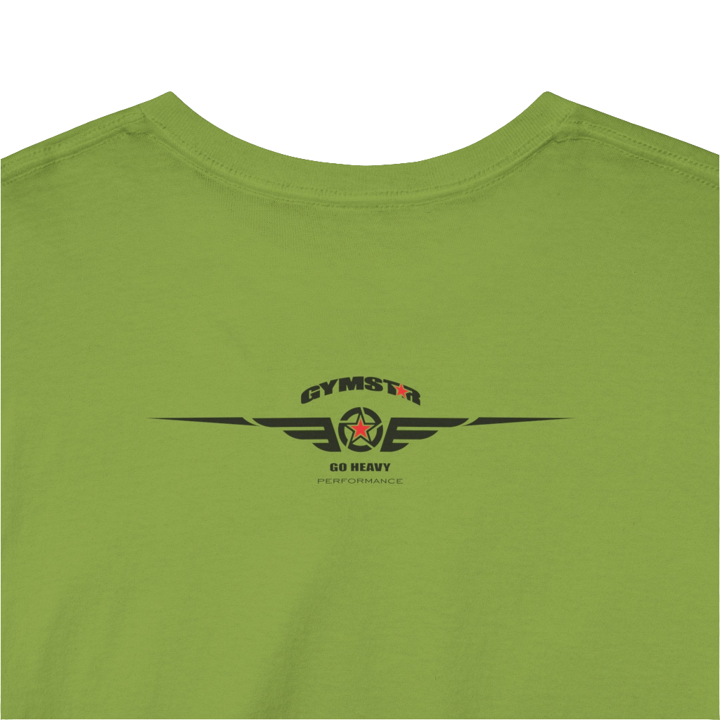 A kiwi Gymstar t-shirt with the text 'GYM' printed on the front, along with graphics of a weightlifter and dumbbells. Rear close up view.