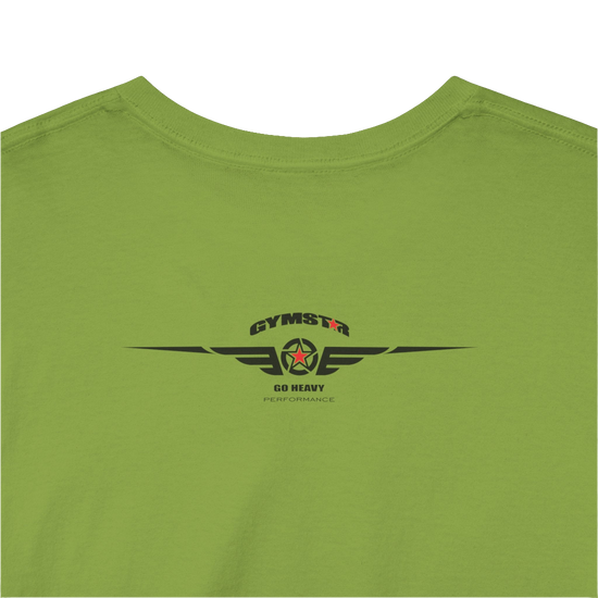 A kiwi Gymstar t-shirt with the text 'GYM' printed on the front, along with graphics of a weightlifter and dumbbells. Rear close up view.
