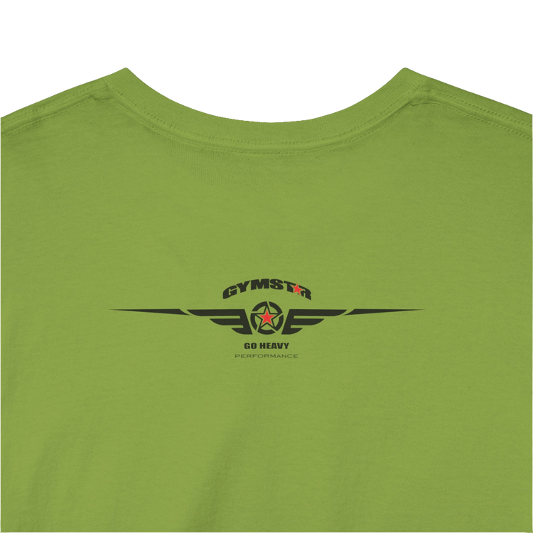A kiwi Gymstar t-shirt with the text 'GYM' printed on the front, along with graphics of a weightlifter and dumbbells. Rear close up view.